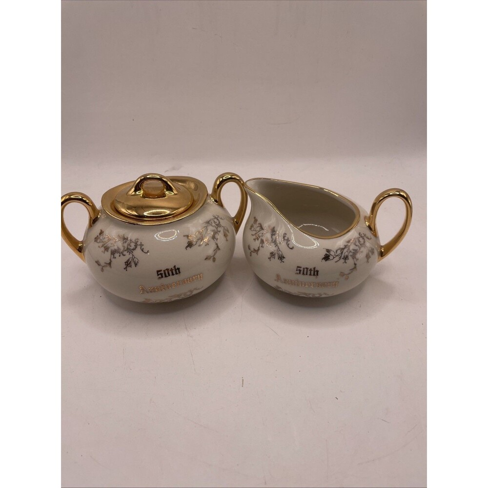 Vtg Creamer & Sugar Pearl China Company 50th Anniversary 22k Gold Trim Rare